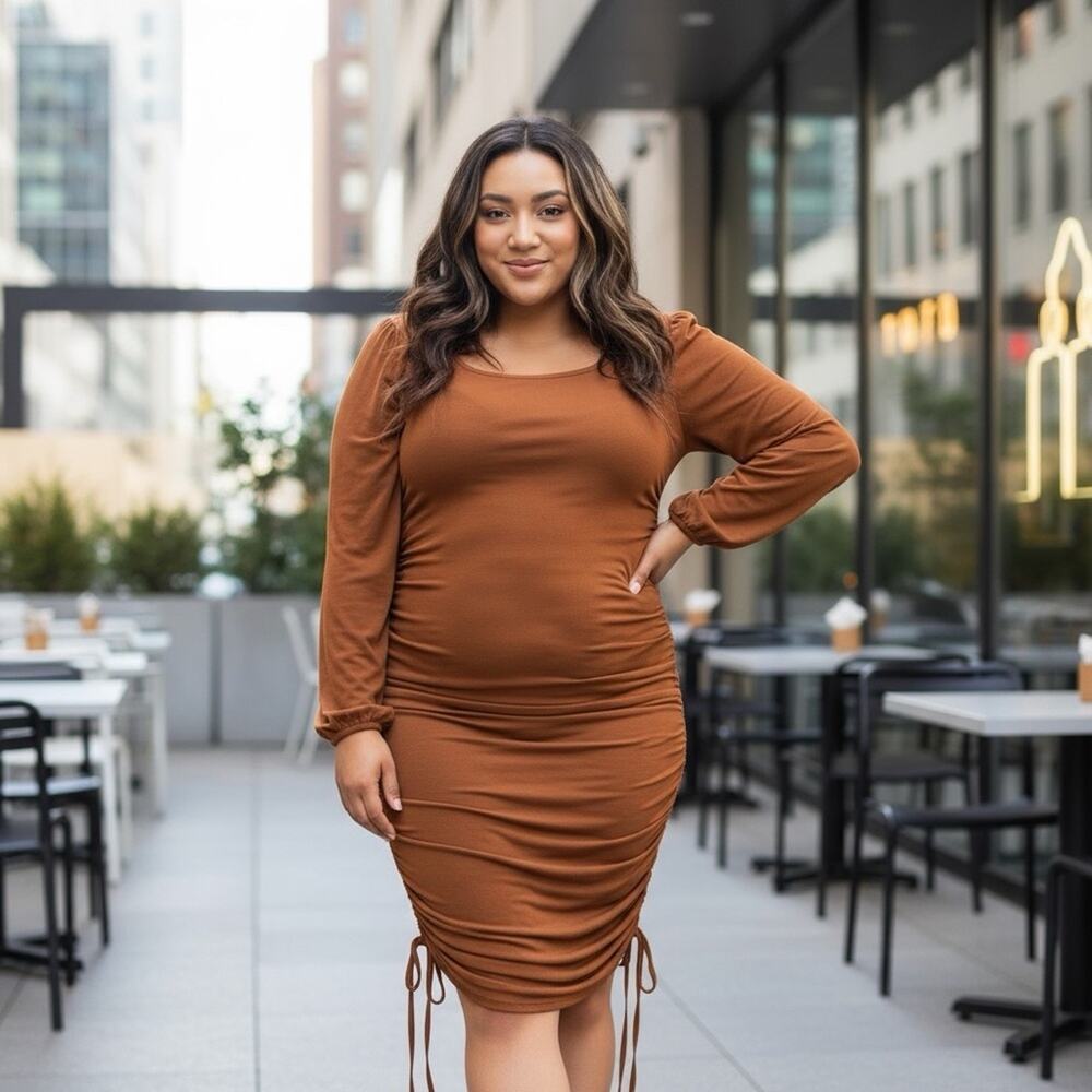 NWOT Orange Plus Size Ruched stretchy Drawstring dress fall plus size